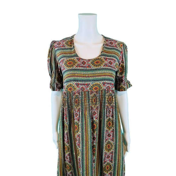 Vintage 70s Maxi Dress Women's Small Bohemian Smocked Waist Folk Tiered - Picture 3 of 10